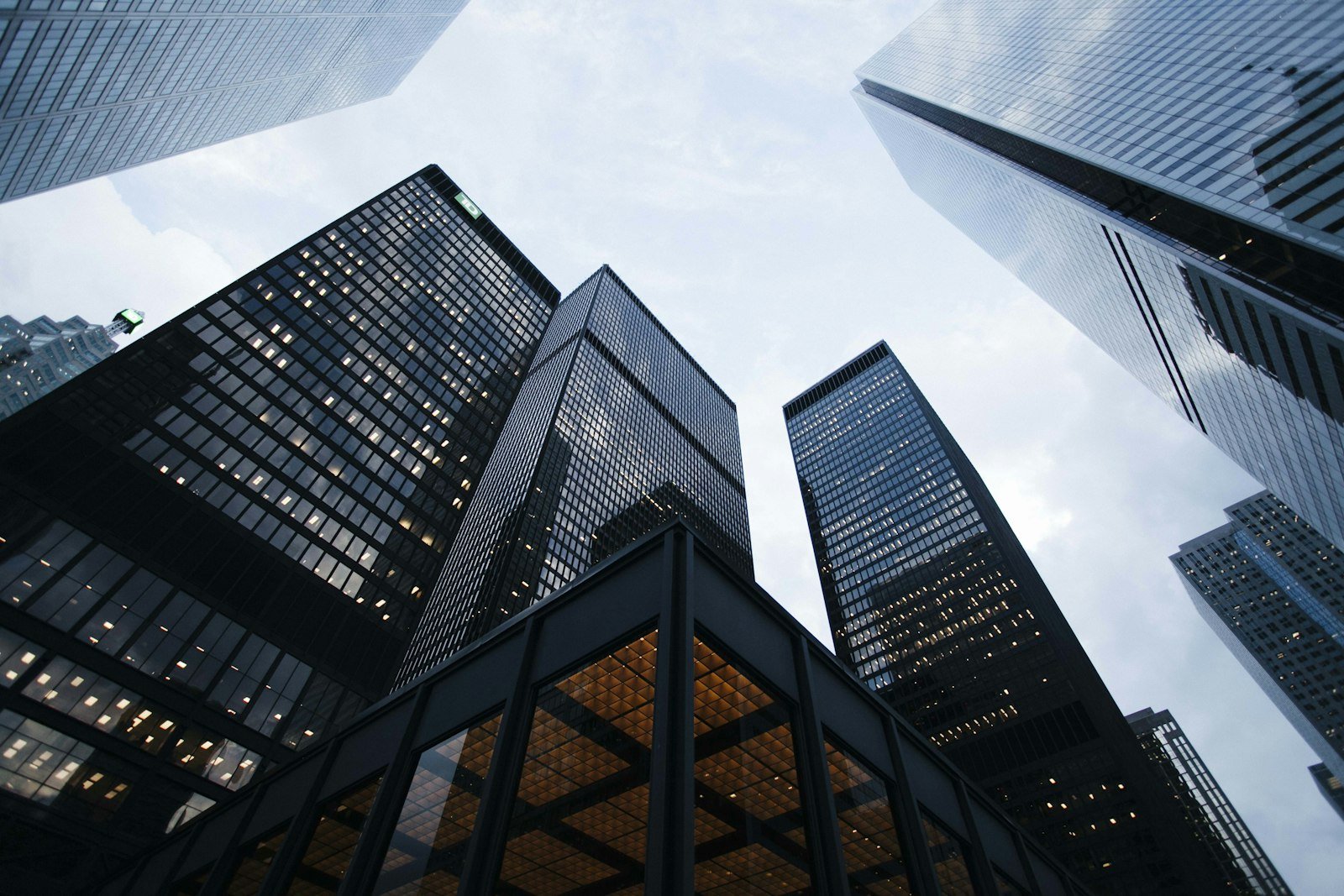 Glass civic office towers from below